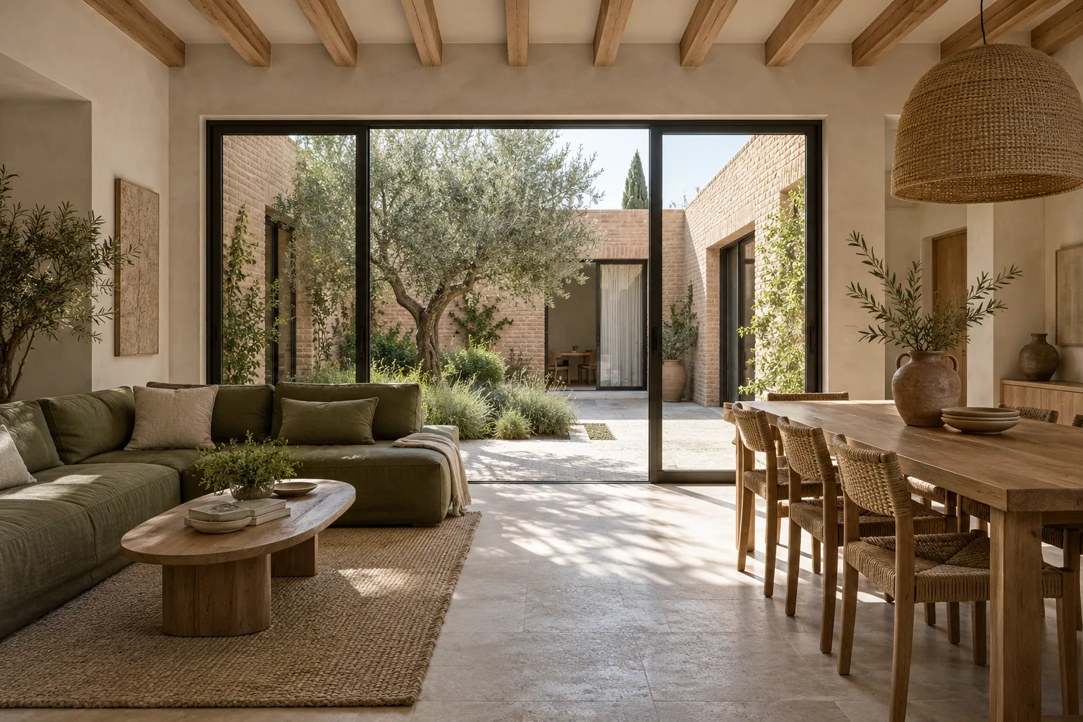 Olive sofa and oak dining table opening onto a leafy courtyard.