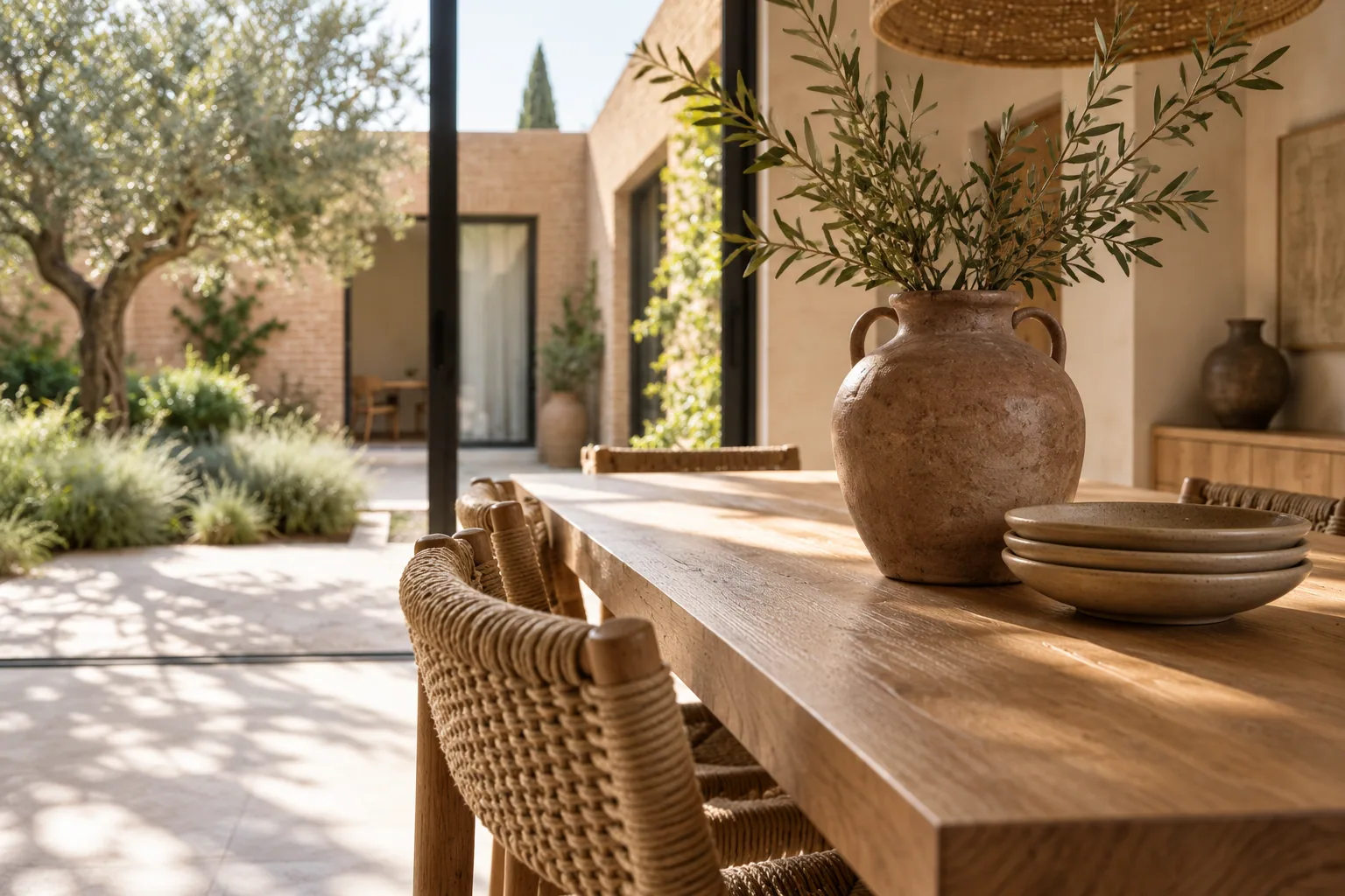 Terracotta vase and handmade plates on an oak dining table.