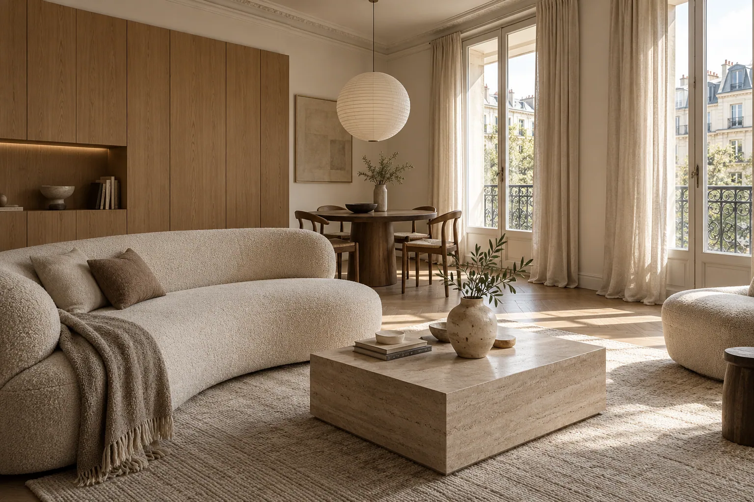 Cream sofa, oak cabinetry and a travertine table in a sunlit living room.