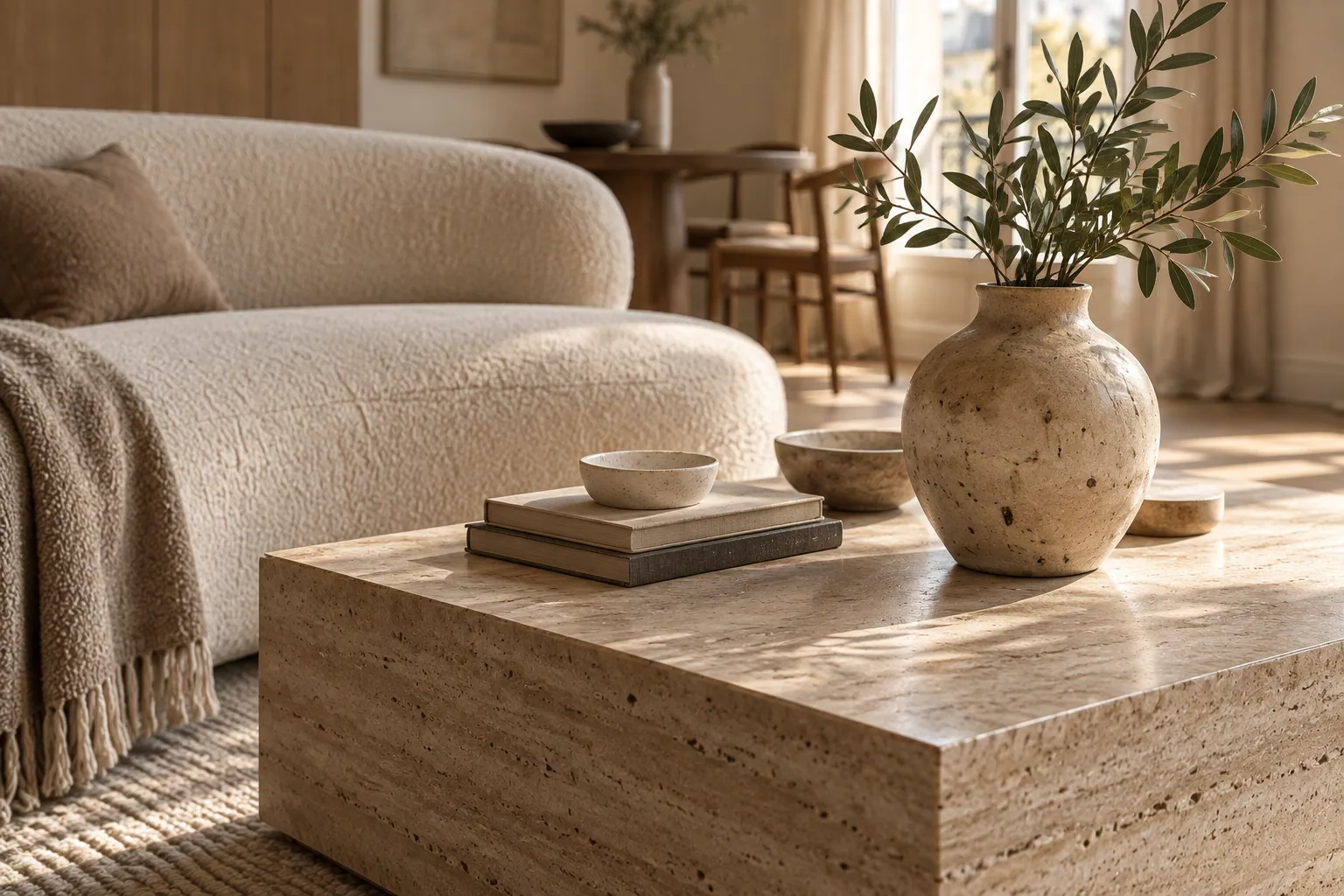 Ceramic vase and travertine table beside the bouclé sofa.