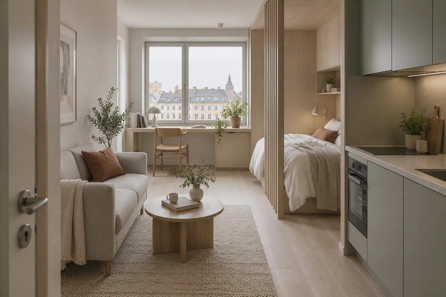 Compact studio with pale wood sleeping alcove and sage kitchenette.