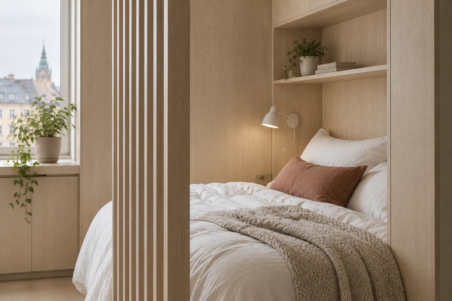Linen bedding, reading light and pale wood slat divider.